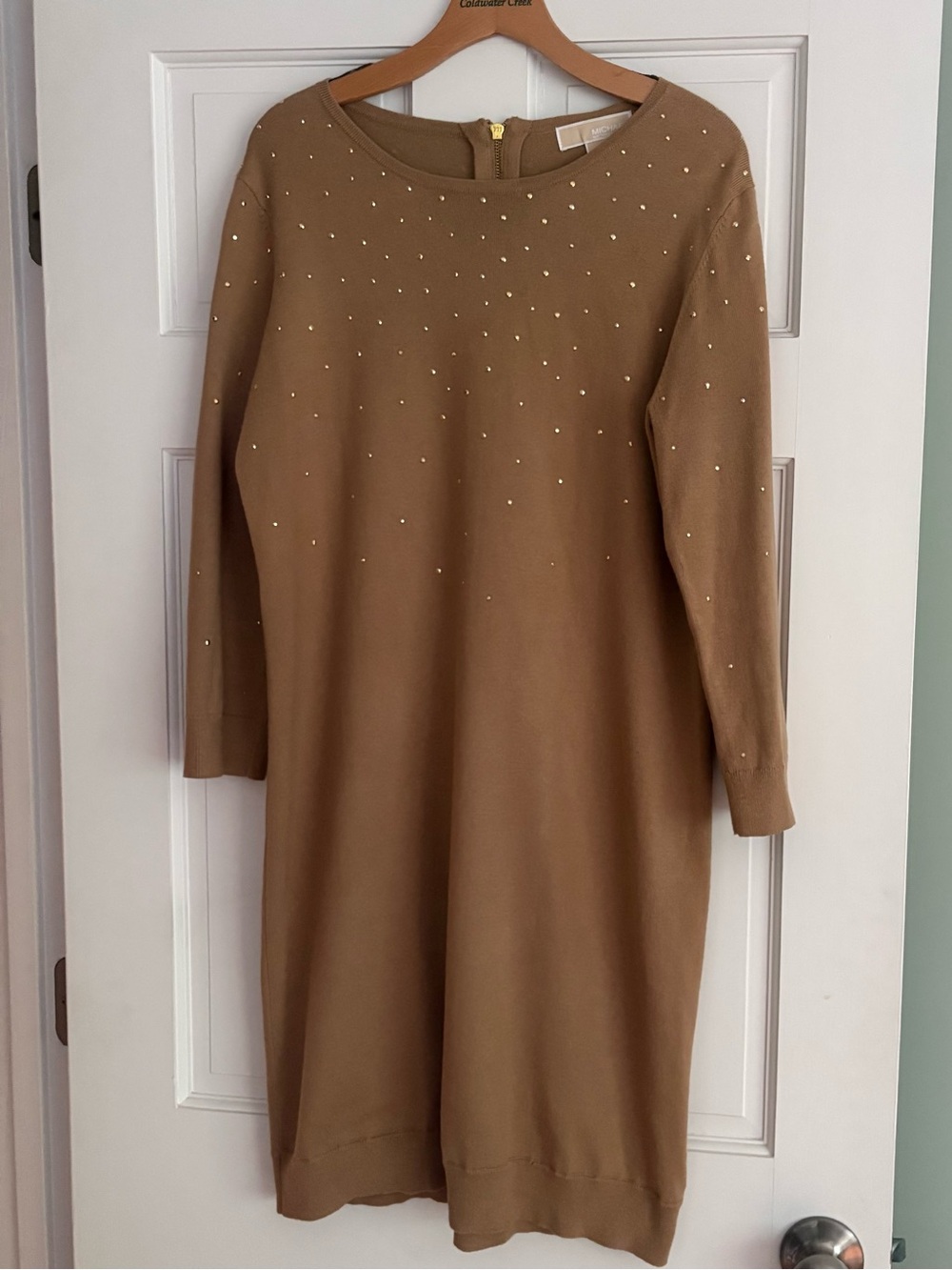 Michael Kors Tan Sweater Dress Gold Studs Large